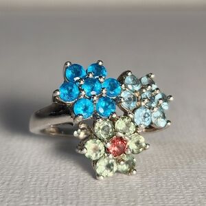 Semi VTG Neon Apatite,Blue Topaz, Prasolite & Ruby 925 Floral Cocktail Ring Sz 6